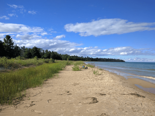 A sandy beach with green grass, trees in the background, and a calm lake under a blue sky with scattered clouds.