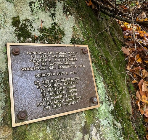 Plaque honoring WWII U.S. Army Air Crew who crashed in a B-18 bomber on Mt. Waternomee, dedicated July 4, 1992.