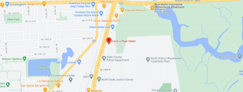 Map showing the location of Cacio e Pepe Italian restaurant near the Dade County Police Department and other landmarks.