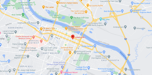 Map showing the location of Hildenbrand's in Augusta, Georgia, near the Savannah River and surrounding streets.