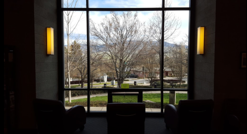A view through large windows showing trees and a street, with two chairs in the foreground.