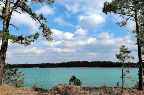 A serene lake surrounded by trees under a partly cloudy sky, with calm turquoise water and a distant shoreline.