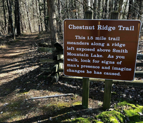Sign for Chestnut Ridge Trail, describing a 1.5-mile trail along a ridge above Smith Mountain Lake, surrounded by trees.