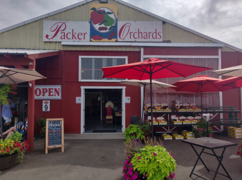 A red barn-style market with umbrellas, flowers, and a sign reading "Packer Orchards" welcomes visitors.