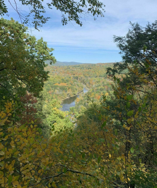 A scenic view of a river winding through a colorful forest in autumn, with trees displaying vibrant fall foliage.