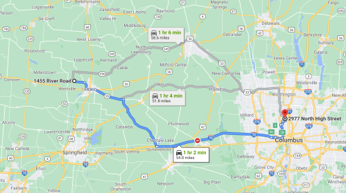 Map showing directions from 1455 River Road to 2977 North High Street, with estimated travel times and distances.