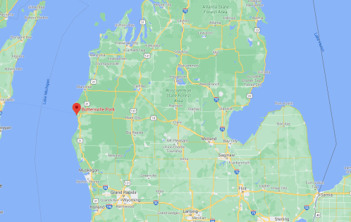 Map showing the location of Buttersville Park in Michigan, near Lake Michigan's shoreline.