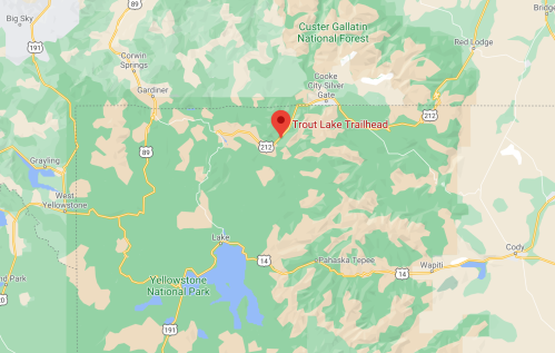 Map showing the location of Trout Lake Trailhead in Custer Gallatin National Forest, near Yellowstone National Park.