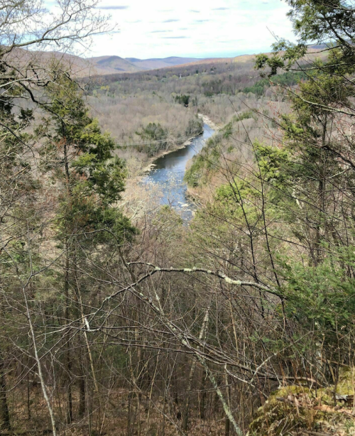 A scenic view of a winding river surrounded by bare trees and rolling hills under a cloudy sky.