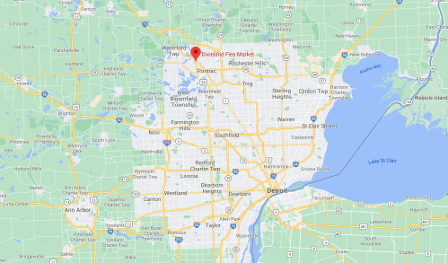 Map showing the location of the Dorkland Flea Market in Michigan, near Detroit and surrounding areas.