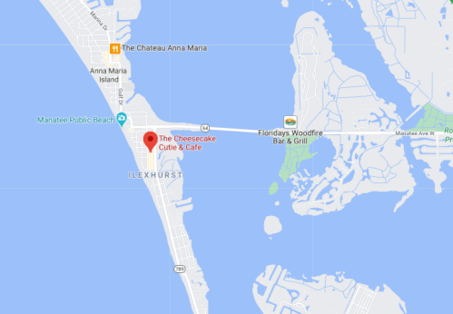 Map showing Anna Maria Island with locations for The Cheesecake Cutie & Cafe and Floridays Woodfire Bar & Grill.