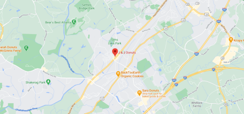 Map showing the location of J & J Donuts, near Sims Lake Park and several other donut shops in the area.