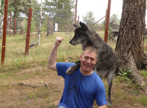 A man kneels with a wolf resting its paw on his shoulder in a natural setting.