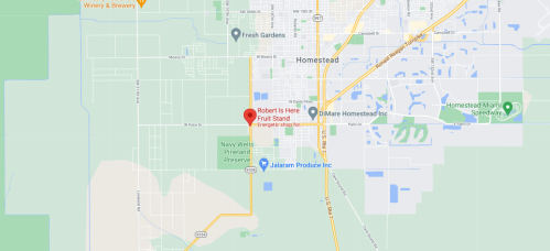 Map showing Homestead, Florida, with a marker for "Robert Is Here Fruit Stand" and nearby landmarks.