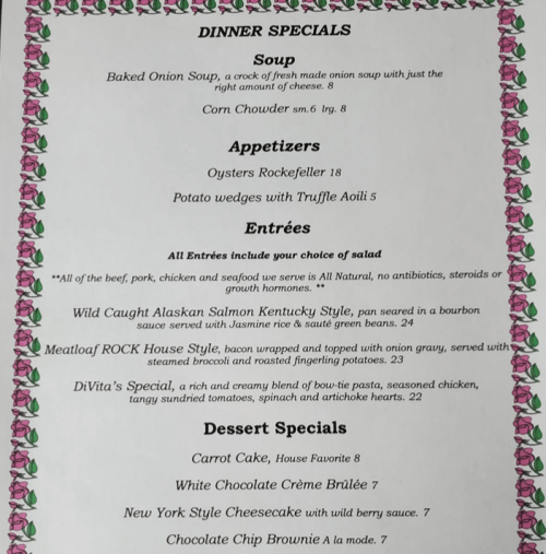 Menu featuring dinner specials: soups, appetizers, entrees, and desserts with various options and descriptions.
