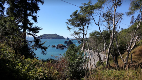 A scenic view of a coastal landscape with trees, rocky islands, and a clear blue sky.