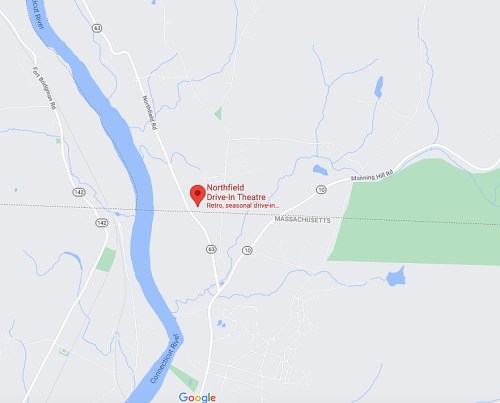 Map showing the location of Northfield Drive-In Theatre in Massachusetts, near rivers and roads.