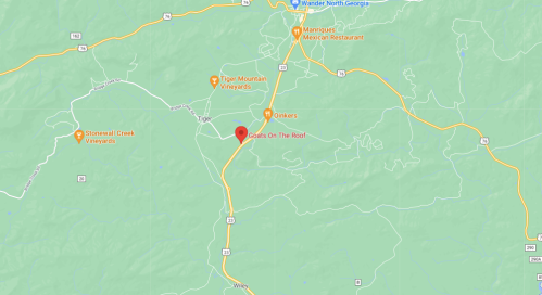 Map showing the location of "Goats On The Roof" near Tiger Mountain Vineyards in North Georgia.