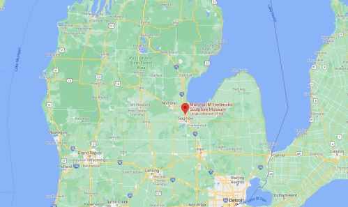 Map showing the location of the Marshall M. Fredericks Sculpture Museum in Michigan, near Saginaw and Midland.