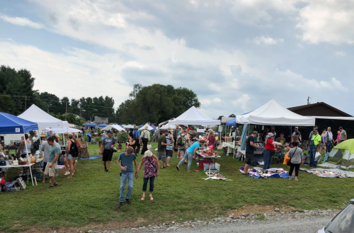 A bustling outdoor market with tents, vendors, and people browsing various goods on a grassy area under cloudy skies.