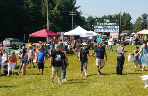 A busy flea market scene with people walking, tents set up, and a sign for Shenandoah Self Storage in the background.