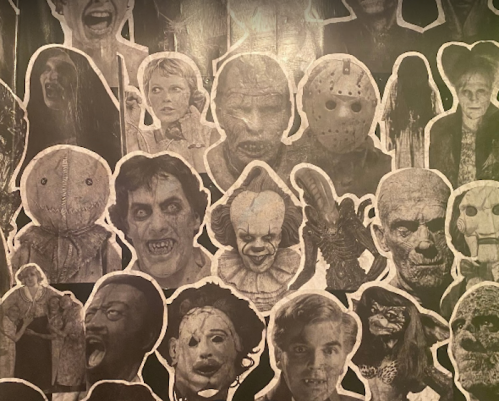 A collage of various horror movie characters and creatures, featuring masks, dolls, and eerie faces.