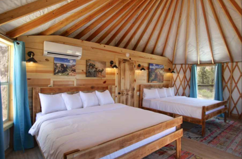 Cozy yurt interior featuring two beds, wooden accents, and large windows with natural light.