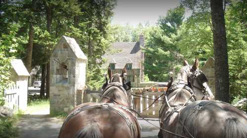 Two horses pull a carriage towards a stone gate leading to a house surrounded by trees.