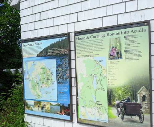 Two informational signs about Acadia National Park, featuring maps and details on horse and carriage routes.