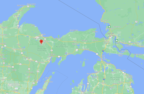 Map showing the Gwinn State Forest Area in Michigan, near Marquette and Sault Ste. Marie.