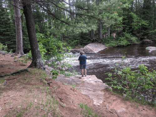 A person stands on a rock by a river, surrounded by trees and greenery, with gentle water flowing nearby.