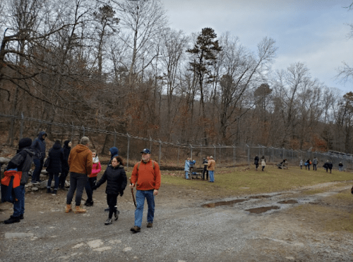 A group of people walking along a gravel path near a fenced area in a wooded park setting.