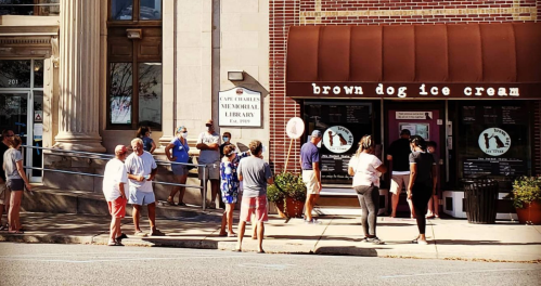 A line of people waiting outside Brown Dog Ice Cream, near a library, on a sunny day.