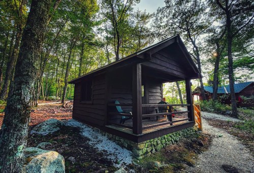A rustic cabin surrounded by trees, featuring a porch with chairs and a gravel path leading through the forest.