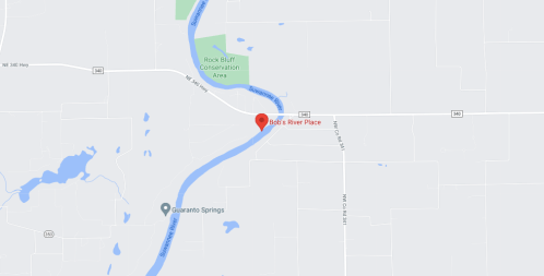 Map showing Bob's River Place location near Rock Bluff Conservation Area, with nearby roads and water features.