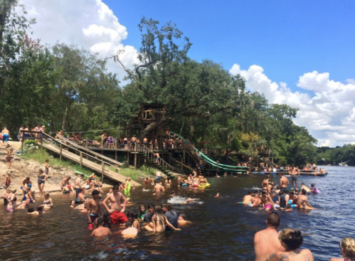 A lively river scene with people swimming and playing, surrounded by trees and a wooden structure with slides.