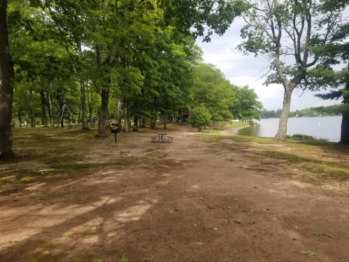 A serene park scene with trees, a sandy path, a picnic table, and a lake in the background under a cloudy sky.
