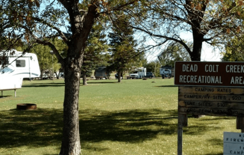 Sign for Dead Colt Creek Recreational Area with RVs and tents in a grassy area surrounded by trees.