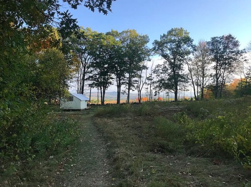 A path leads through greenery to a small white structure, surrounded by trees and a scenic view of distant hills.