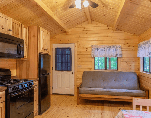 Cozy wooden cabin interior with a kitchen, sofa, and natural light from windows.