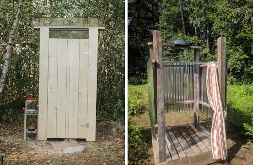 Two outdoor shower setups: one with a wooden door and the other with a curtain, both surrounded by greenery.