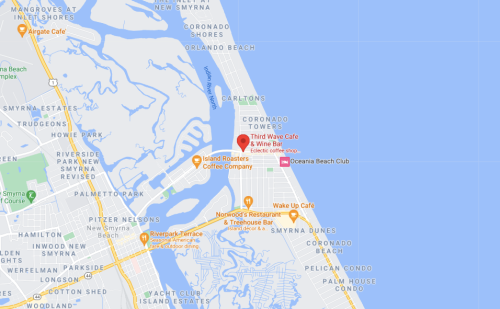 Map showing New Smyrna Beach area with locations like Third Wave Cafe and Oceania Beach Club marked.