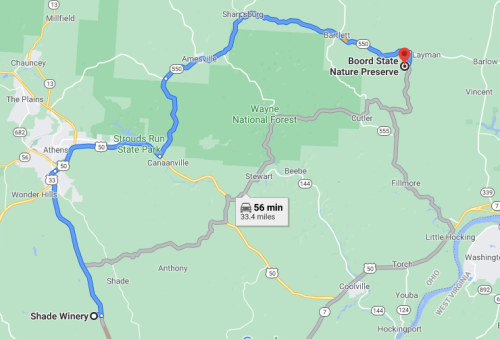 Map showing a route from Shade Winery to Boord State Nature Preserve, approximately 33.4 miles and 56 minutes travel time.