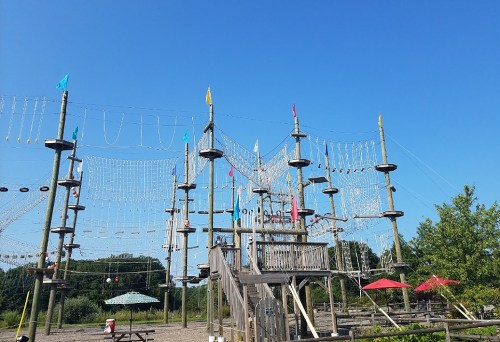 A high ropes course with colorful flags, wooden structures, and various climbing elements against a clear blue sky.