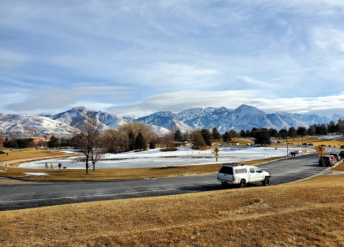 A scenic view of snow-capped mountains, a grassy area, and a winding road with a few people walking in the distance.