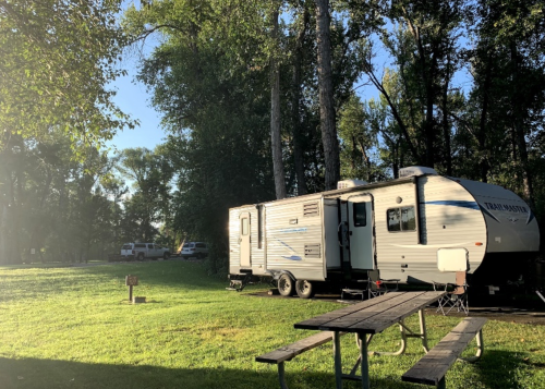 A camper parked in a grassy area surrounded by trees, with a picnic table and fire pit nearby.