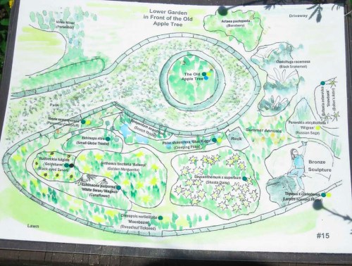 Map of the Lower Garden featuring paths, plants, a bronze sculpture, and the Old Apple Tree.
