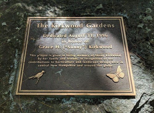 Plaque honoring Grace H. "Sunny" Kirkwood, dedicated August 31, 1996, for her contributions to horticulture and design.