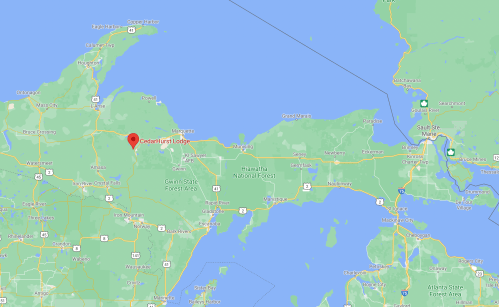 Map showing the location of CedarHurst Lodge near Gwinn, Michigan, surrounded by forests and lakes.