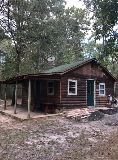 A rustic log cabin surrounded by trees, featuring a green roof and a small porch with a picnic table.